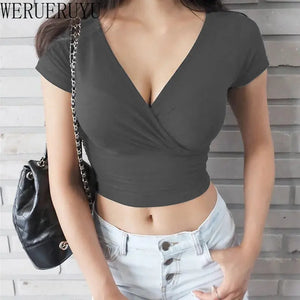 New Summer Black Sexy V-neck T-shirt Short Sleeve Y2k Crop Top