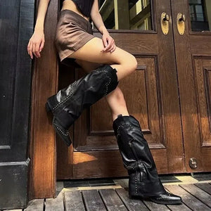 New Pointed Toe Chunky Heel Low Heel Knee Length Ladies Western Boots Folding Boots Rivet Decoration Retro Classic Women's Shoes