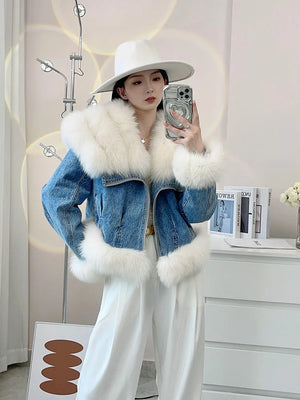 Autumn Winter Women's Denim White Goose Down Coats With Natural Real Fox Fur Collar Cuff Women Outwear Luxury Female Jacket