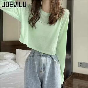 Long Sleeve Thin Crop Top Summer Knitted Ice Silk Sunscreen Blouse Women's Fashion Loose White Tops Korean Expose Navel Y2k Tee