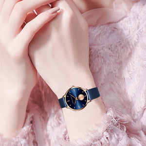 2021New Simple Fashion Ladies Watch Blue Stainless Steel Mesh Belt Small Second Hand RoseGold Case Quartz Waterproof Women Watch