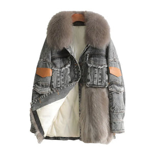 AYUNSUE Women's Winter Coats Ladies Fox Fur Collar Raccoon Fur Stitching Denim Down Jacket Fur Coat Warm Female Fur Jacket Lq966