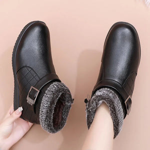 Cosy faux fur hem ankle boots mother winter shoes for women buckle deco leather short boot ladies black flat booties warm plush