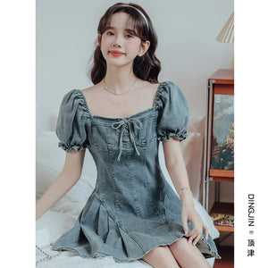 French square collar puff sleeve denim dress female summer slim waist pleated skirt