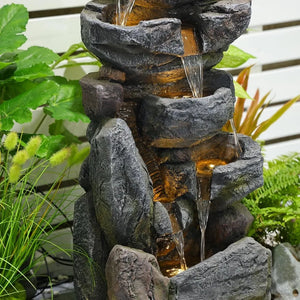 6-Tiers Waterfall Fountain Outdoor with Led Lights, 31.5” Rock Cascading Floor Water Garden Fountains, Outdoor Fountain