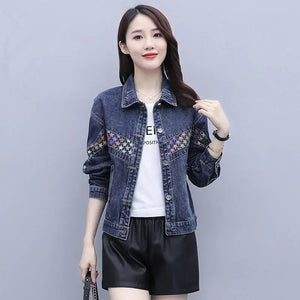 Women Denim Jacket Nice Spring Autumn New Korean Female Cowboy Coat Female Printing Tops Ladies Denim Jackets 5XL C178