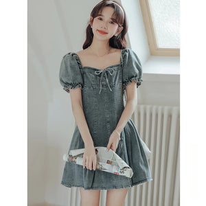 French square collar puff sleeve denim dress female summer slim waist pleated skirt