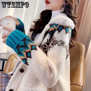 WTEMPO Christmas Sweater for Women Fur Notch Lapel Warm Winter Fall coat Loose Button Down Knitwear Ladies Knitted Cardigan