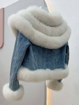 Autumn Winter Women's Denim White Goose Down Coats With Natural Real Fox Fur Collar Cuff Women Outwear Luxury Female Jacket