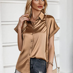 Summer Women's Blouses Elegant Satin Silk Shirts Short Sleeve Tops Fashion Buttons Office Lady Blouses Loose Women's Clothing