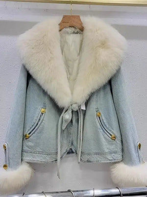 2023 Winter New Denim Parkas Women Down liner Short real Fox Fur Collar Fashion Coat Female down jacket Outerwear Y4609