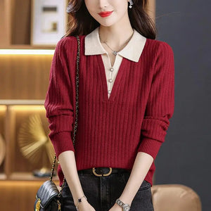 Autumn Winter Fashion Polo-Neck Knitted Pullovers Women's Clothing Elegant Simplicity Solid Fake Two Pieces Sweaters for Female