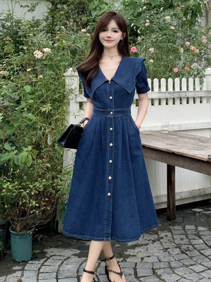 Temperament Summer Women's Denim Dress Elegant Turn-down Collar Short Sleeve Single Breasted Oversized Midi Female Dress M-3xl