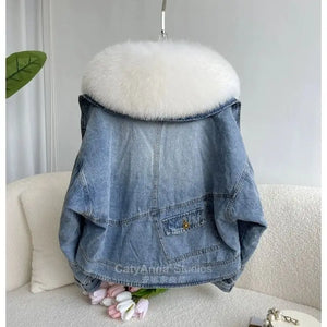 Detachable collar Denim Coat Women winter Parkas Fox Fur Short Down Jacket female Outwear fashion Long sleeve jeans clothes R066