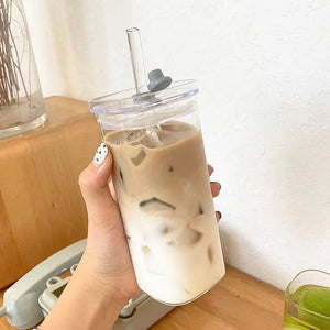 Home Glass Square Water Cup With Straw High Temperature Coffee Milk Cup Cold Drink Juice Cup Clear Sippy Cup With Lid