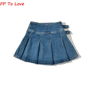 Pleated Denim Mini Skirts Vintage Belt A-line Zipper Blue Zipper Bottom Woman Black Solid Female Streetwear Quality