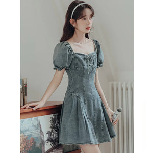 French square collar puff sleeve denim dress female summer slim waist pleated skirt