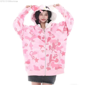 American Trendy Hello Kitty Camo Star Print Hooded Embroidered Hoodie for Women Loose Fitting Casual Zippered Coat Clothes