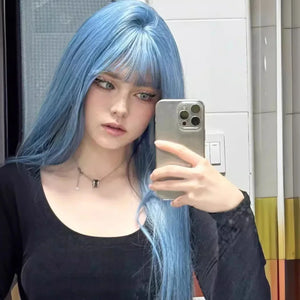 Blue Synthetic Wig Female Long Hair Naturally White Full Head Set Air Bangs Long Straight Hair Heat Resistant Cosplay Wig