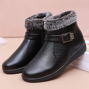 Cosy faux fur hem ankle boots mother winter shoes for women buckle deco leather short boot ladies black flat booties warm plush