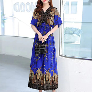 V-neck Tunic Large Swing Printed Dress Long Skirt