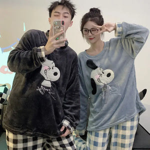 Snoopy Cartoon Cute Kawaii Coral Fleece Couples Long-Sleeved Plaid Pajamas Set Plushie Anime Plush Toys for Girl Birthday Gift