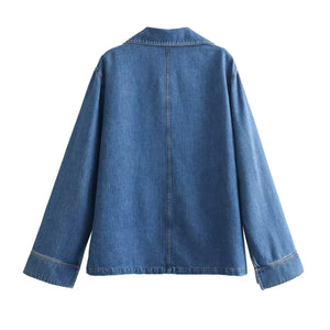 TRAF Blue Denim Blouse Female Casual Oversized Shirts and Blouses for Women Long Sleeve Jean Blouses Women Winter Basic Shirts