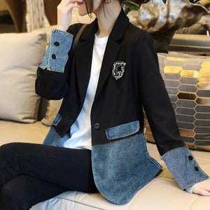 Graphic Female Jeans Coat with Print Sequin Black Patchwork Diamonds Outerwears Long Trench Women's Denim Jackets Spring Autumn