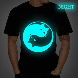 Yin Yang Cat Print Men T-shirts Luminous Tshirts Women Men Unisex T Shirt Glow In The Dark Novelty Male Tee Shirt,drop Ship