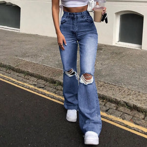 High Waist Blue Ripped Boot Cut Jeans For Women Fashion Stretch Knee Ripped Denim Flared Pants Casual Female Trousers Black 2024