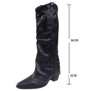 New Pointed Toe Chunky Heel Low Heel Knee Length Ladies Western Boots Folding Boots Rivet Decoration Retro Classic Women's Shoes