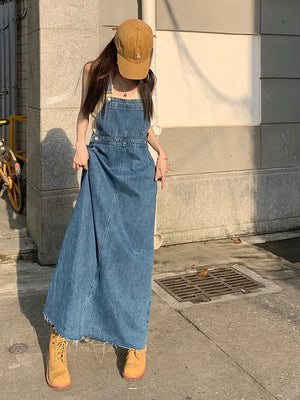 SML Women Loose Ladies Vintage Long Denim Dress Female Tassel Spaghetti Strap Jeans Denim Dresses Female (78913