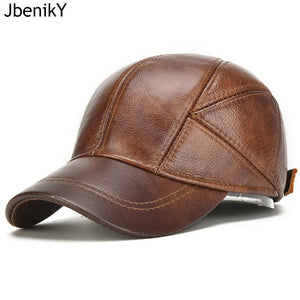 Brand Men Casual Real Leather Earflap Cap Men Real Cowhide Leather Caps Male Fall Winter Genuine Real Cow Leather Baseball Hats