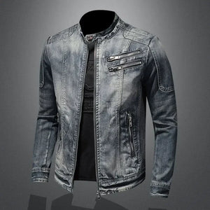 2023 new men's denim jacket trendy retro fashion casual stand-up collar zipper jacket handsome riding biker clothing denim tops