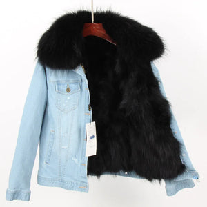 fur lover 2022 New fashion Women's denim jacket natural Fur coat parkas Female coat winter Real raccoon fur collar Jeans jacket