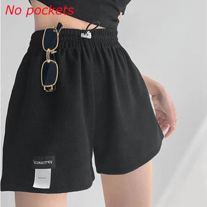 Women's Letter Label Shorts High Waisted Sports Shorts Loose Bottoms Casual Aesthetic Elastics Shorts Female Solid Homewear