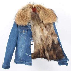 fur lover 2022 New fashion Women's denim jacket natural Fur coat parkas Female coat winter Real raccoon fur collar Jeans jacket