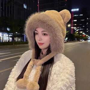 New Winter Warm Knitted Hats Women Plush Fluffy Thicken Warm Fur Beanie Hat Cute Cartoon Bear's Ears Two Balls Ear flap Cap 2023