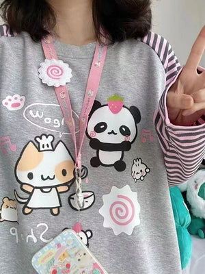 HOUZHOU Y2k Harajuku Kawaii Striped Hoodie Women Japanese Fashion Patchwork Cartoon Print Sweatshirt Female Autumn 2023 New In