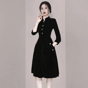 Elegant Stand Collar Button Solid Color Midi Dress Women's Clothing 2024 Spring New Loose Office Lady Ladies Dresses