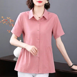 Women's Clothing Short Sleeve Shirt New Summer Loose Solid Color Blouse Lapel Button Shirring Fashion Elegant Office Lady Tops