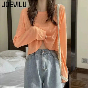 Long Sleeve Thin Crop Top Summer Knitted Ice Silk Sunscreen Blouse Women's Fashion Loose White Tops Korean Expose Navel Y2k Tee