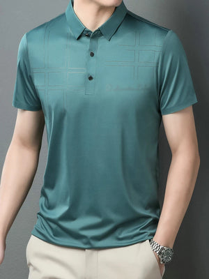 Men Business Smart Casual Polo Shirts Green Blue Plaid Elegant Tees Male Turn Down Collar Short Sleeve Tops Comfort Cozy Clothes