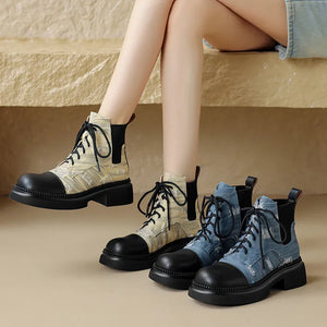 2024Apricot Denim Women Ankle Boots Black Platform Outside Footwear Casual Lace Up Rubber Sole Riding Botines Blue Sapatos Femme