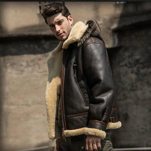 Denny&Dora Mens Shearling Jacket Hooded Sheepskin Coat Thick Warm Winter B3 Pilot Jacket