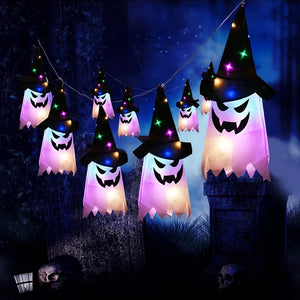 Halloween LED Flashing Light Hanging Ghost Halloween Party Dress Up Glowing Wizard Ghost Hat Lamp Decor Pumpkin Candlestick Lamp