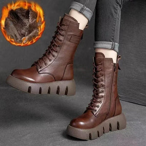 Winter Leather Women Boots Round Toe Mid-heel Ankle Boots for Women Lace Up Warm Snow Boots Retro Lady Platform Bikerboots Women