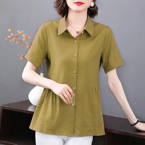 Women's Clothing Short Sleeve Shirt New Summer Loose Solid Color Blouse Lapel Button Shirring Fashion Elegant Office Lady Tops