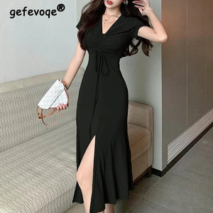 Womens Clothing Summer Ruched Lace Up Sexy V Neck Split Elegant Party Dresses Fashion Solid Slim Short Sleeve Midi Dress Vestido