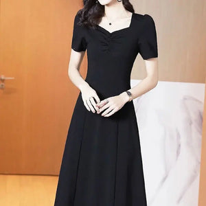 Elegant Square Collar Midi Dress 2024 Summer Solid Color Female Clothing A-Line Waist Fashion Folds Commute Short Sleeve Dresses